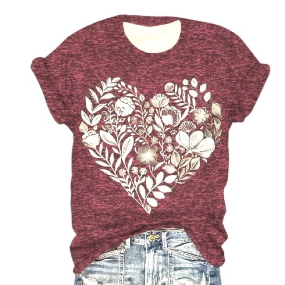 Heather Fuchsia look Top with White Floral Heart Print Crew Neck Short Sleeve 3X - Picture 8 of 9
